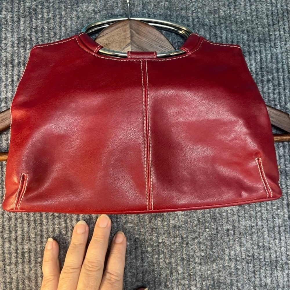 Red Leather Ring Handle Handbag Contrast Stitch Polka Dot Lining Satchel Bag